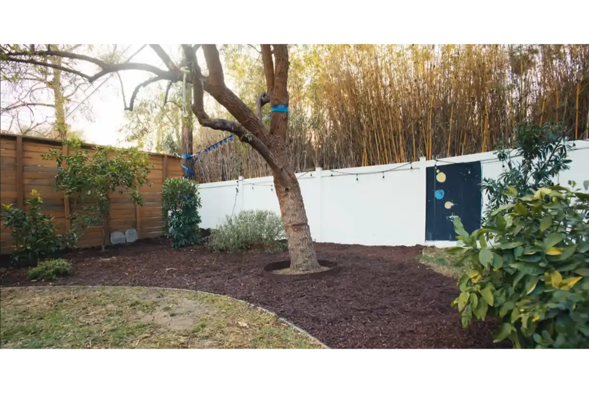 Completed mulch refresh project with clean landscape beds and healthy plants