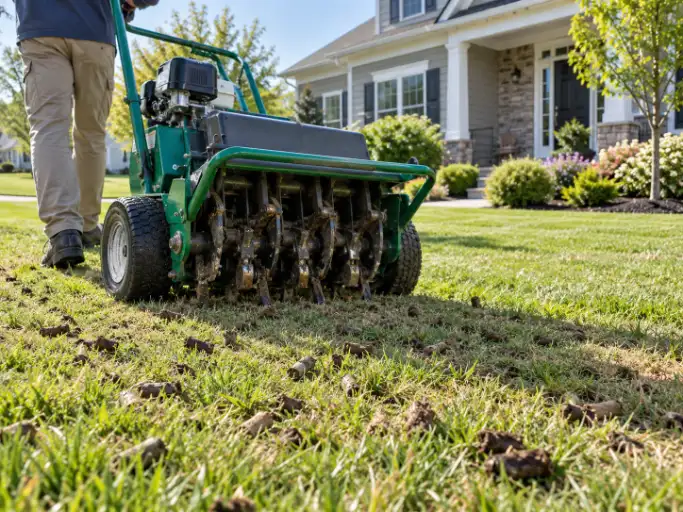 Core aeration and overseeding service improving a lawn in Roanoke Virginia